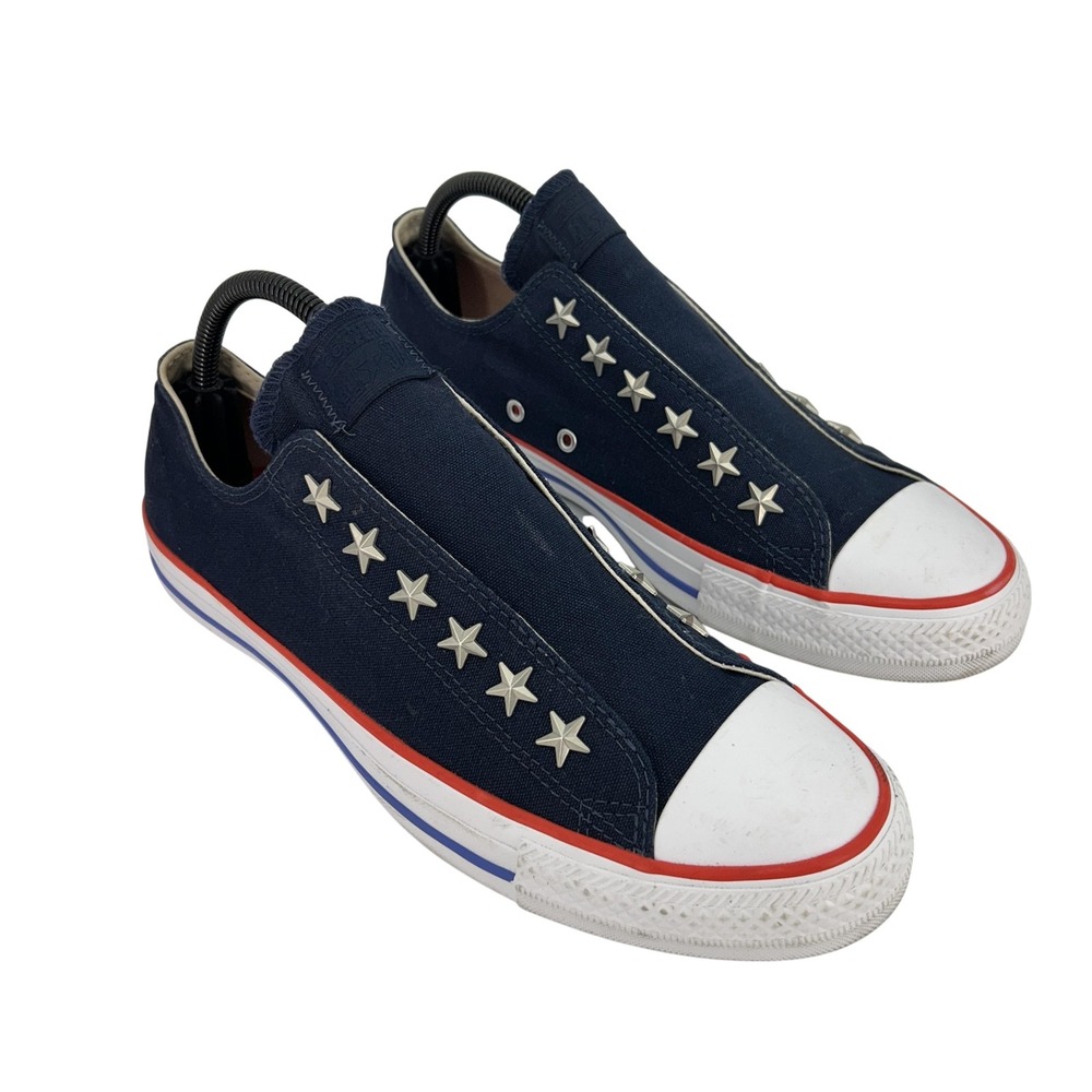 Converse Navy Canvas Slip-On Sneakers with White Toe and Red/Blue Trim